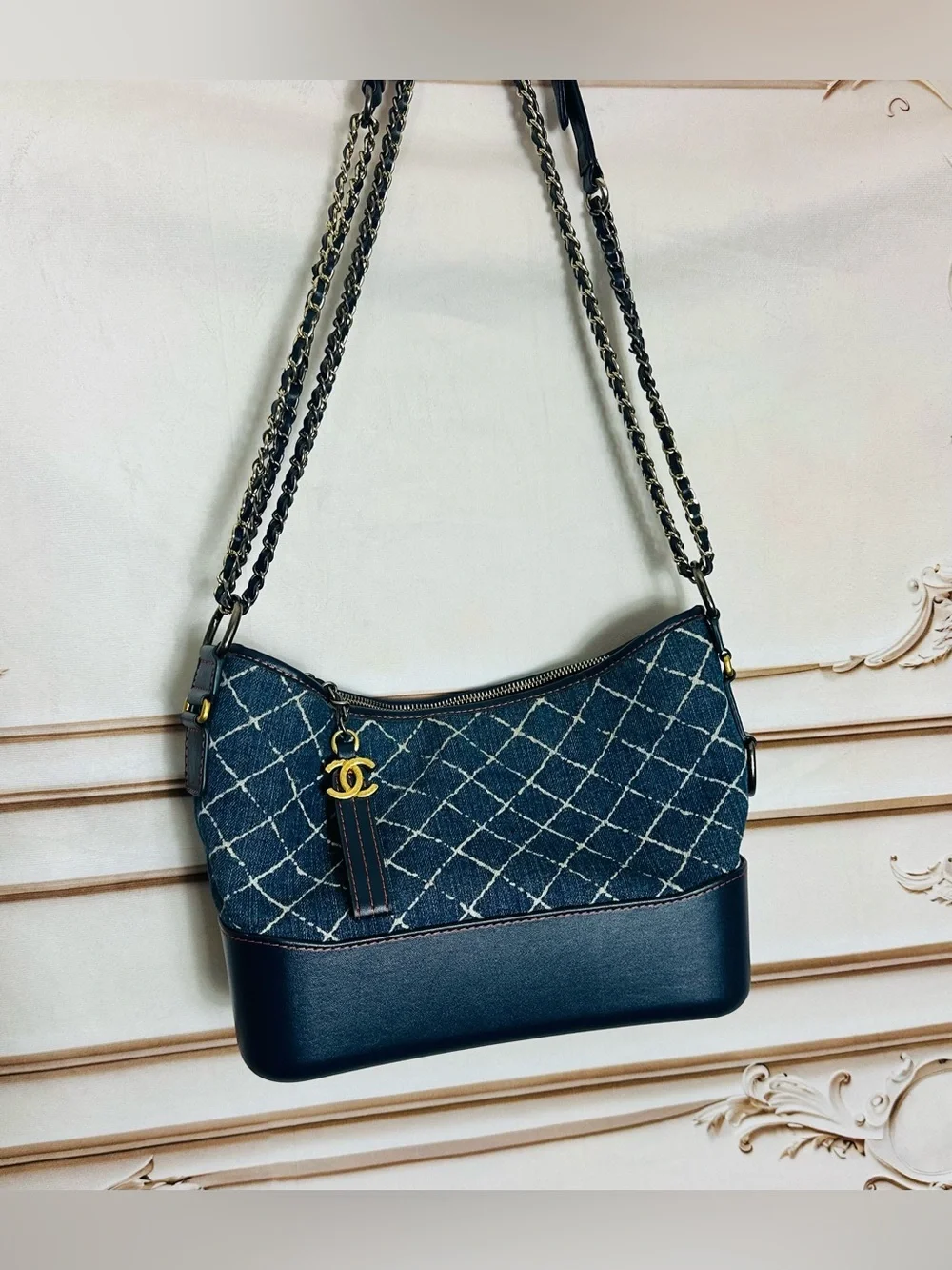 CHANEL Denim Quilted Shoulder Bag with Gold CC Charm